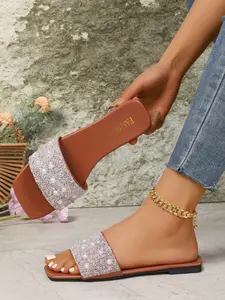 Women's Multicolor Sequins Pearl Decor Slip-On Sandals, Square Toe Flat Non-Slip Slippers, Casual Summer Shoes for All Seasons, Versatile Flat Sandals
