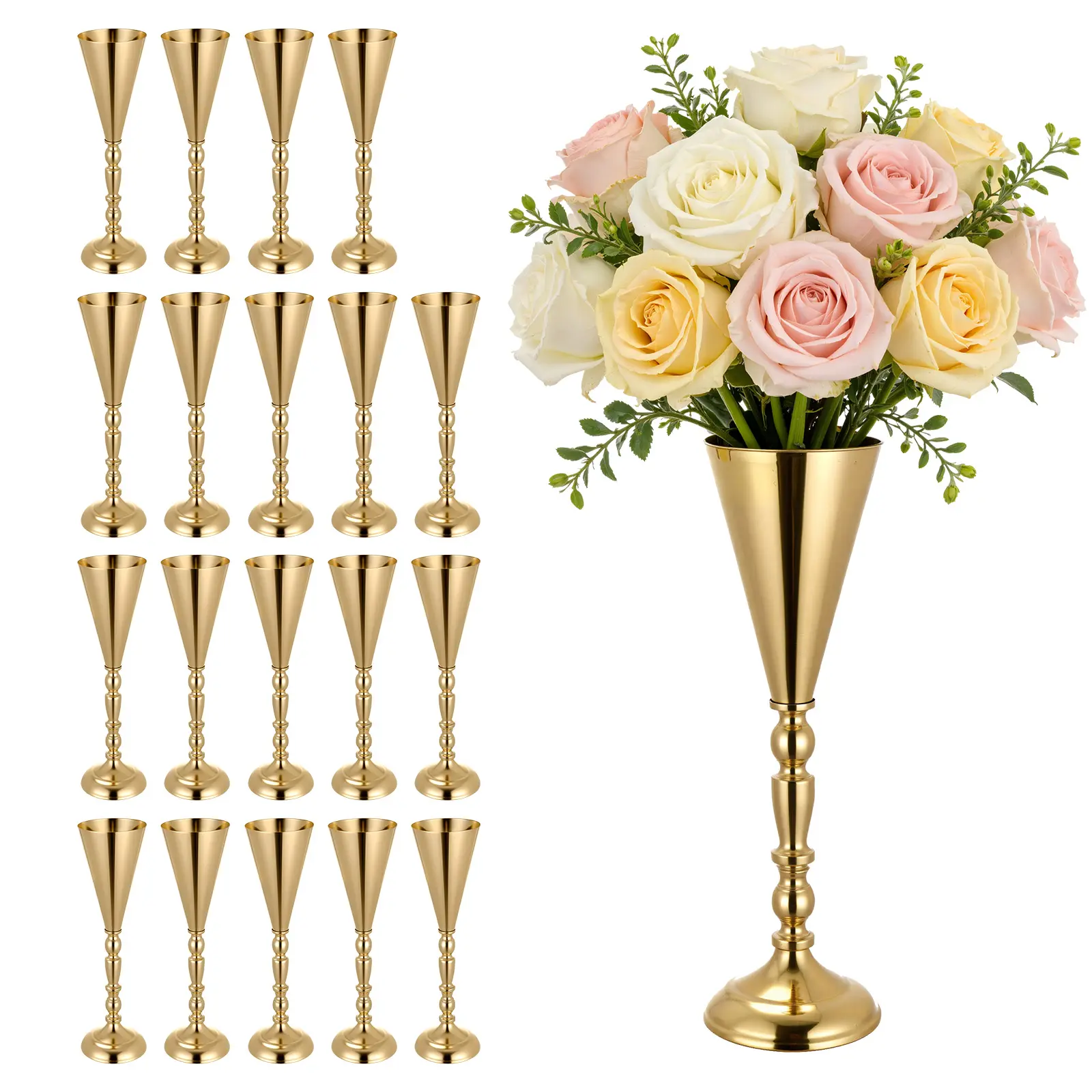 VEVOR 20-Piece Decorative Vases Set, 16.9in Tall Trumpet Tulip Bouquet Vases with Stable Screw Frame, Quick Sleeve Setup, Electroplated Gold Finish, Banquet Table Fit for Home Decor, Wedding Reception#BacktoSchool