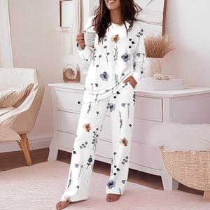 CHICME Women's Floral Print Outfit Set Long Sleeve Top and Causal Pants Set