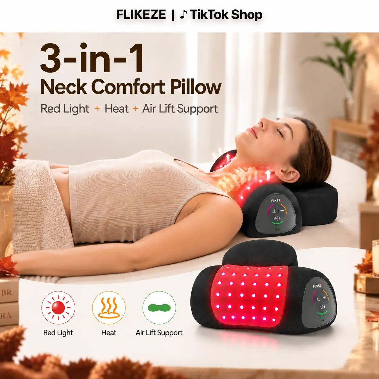 FliKEZE NeoNeck Air 3-in-1 Red Light Neck Massage Pillow Massager - Rechargeable 5000mAh, Cordless, Lightweight, Breathable Cotton Cover, Heat Relief, Adaptive Air Lift Support, Easy Control, Storage Bag, Portable Tight Muscles Relief for Home & Travel, M