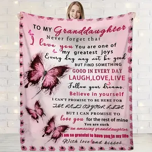 1 Piece Pink Butterfly Print Flannel Blanket - A Heartfelt Message for Granddaughter, Comfortable in All Seasons, Soft and Warm Blanket, Suitable for Sofa, Bed, Office, Camping, Travel - Ideal Holiday Gift, Cute Blanket