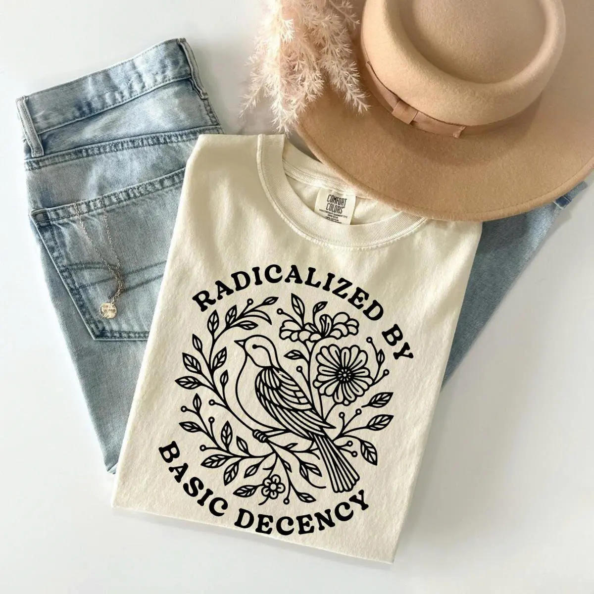 Comfort Colors Vintage Radicalized By Basic Decency T-Shirt, Floral Social Justice Tee, Pro Immigrants Human Rights T-Shirt