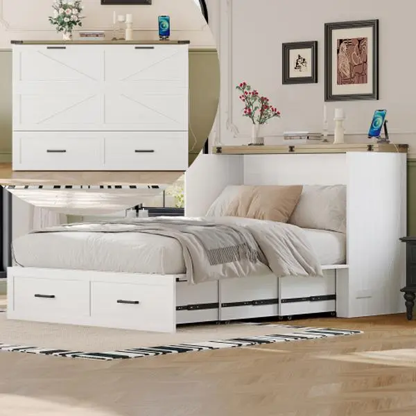 【Bellemave】Full /QueenSize Farmhouse Murphy Cabinet Bed with Charging Station, Foldable Platform Bed with Large Storage Drawer for Guest-Room, Small Bedroom