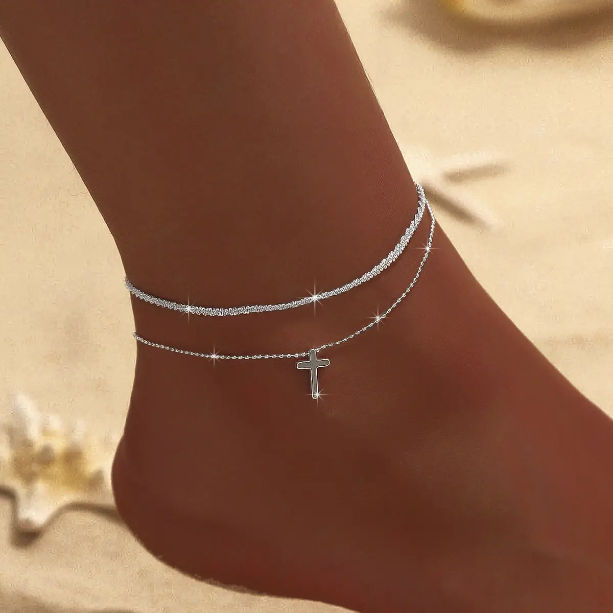 Women's Elegant Silver-Tone Cross Anklet - Anklets for Women with Chain Detail, Faith Symbol, Unisex Fit, Delicate Design, Perfect for Everyday Wear, Stylish Costume Jewelry