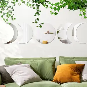 5PCS Moon Phase Mirror Set Wall Decor, Unbreakable Acrylic Self-Adhesive Bohemian Moon Mirror Wall Stickers, Scandinavian Style Aesthetic Home Decor for Bathroom Living Room Office Apartment Dorm