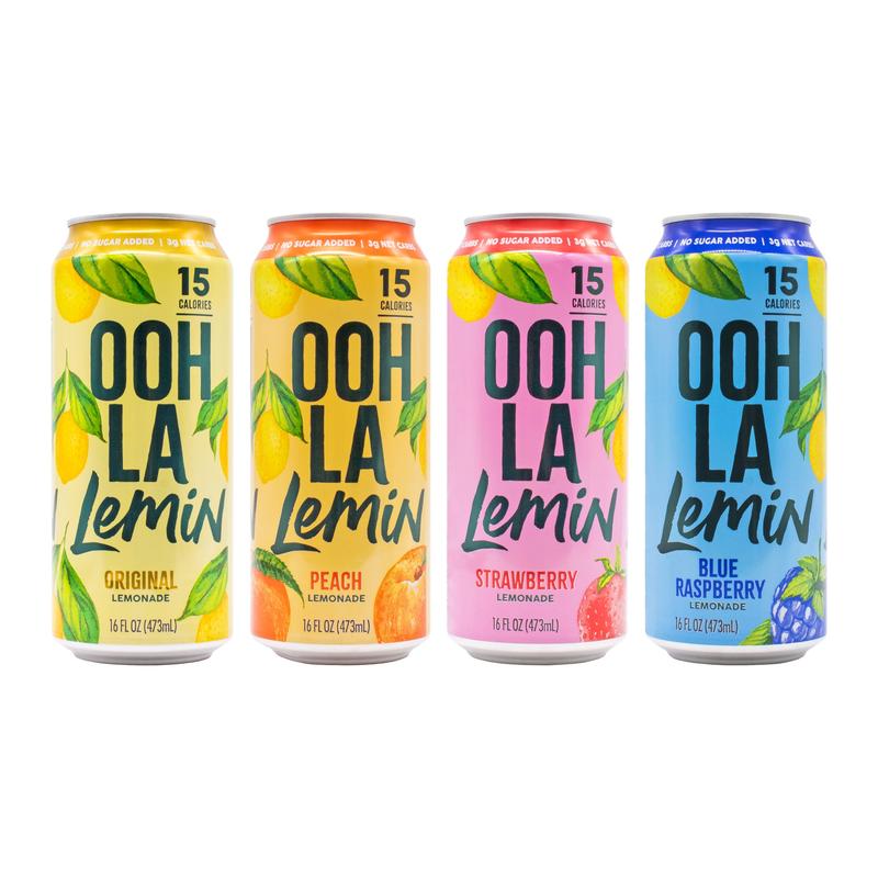 Ooh La Lemin Lemonade Variety 12 Pack - Natural Sugar-Free Beverages in Four Flavors - Original, Peach, Strawberry, & Blue Raspberry - 16 FL OZ Each - 15 Calories per Can