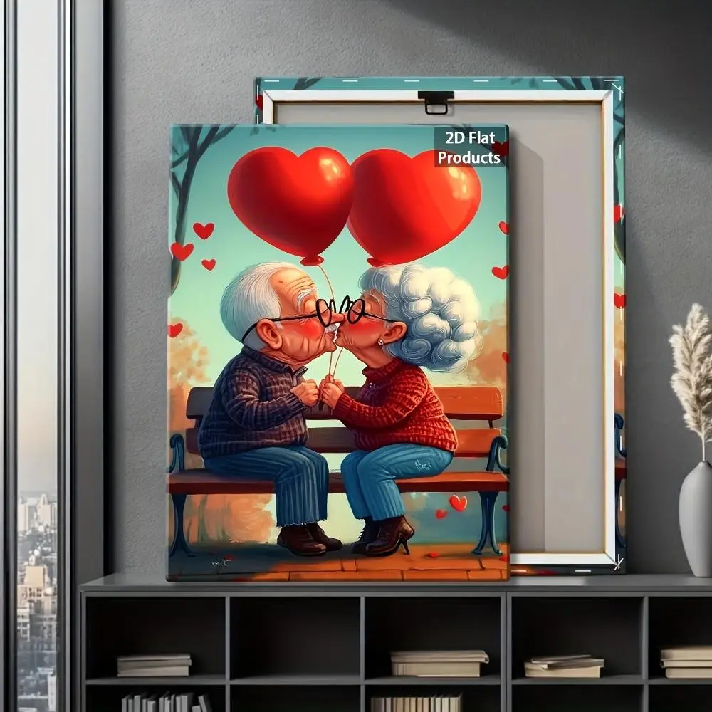 2D Flat Vintage Love-Themed Couple Kissing Framed Canvas Wall Art - Wooden Frame Poster with Red Balloons, Hearts - Warm Home Decor for Living Room, Bedroom - Ideal Valentines Day Gift, No Halloween Decor Alternative - Indoor Wall Hanging