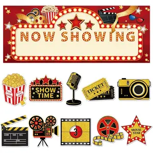 11 count Movie Night Party Decorations Now Showing Banner Photography Background Movie Night Cutouts Double Sided Printing Red Carpet Clapboard Backdrop Cutout Party Cards Photo Booth Props Supplies