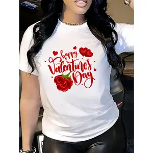 100% Cotton, Women's Valentine's Day Pattern T-Shirt - Black Red Rose and Heart Print, Casual Round Neck Short Sleeve Top, Machine Washable, All-Season Comfortable Style, Romantic Outfit, Durable Printed Design