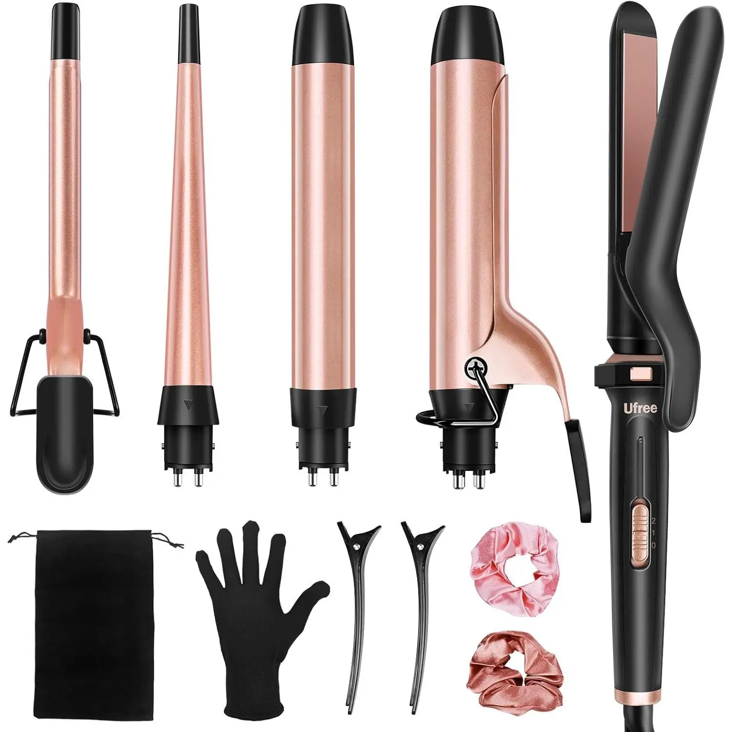 5-in-1 Multifunctional Hair Styling Kit, Styler with Interchangeable Ceramic Barrels (0.35"-1.25"), Multifunctional Hair Straightener, Instant Heat-Up, Dual Voltage, Gift for Women, Multi Styler