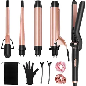 5 in 1 Curling Iron with Interchangeable Ceramic Barrels (0.35"-1.25"), Curling Wand Set with Flat Iron Hair Straightener, Instant Heat Up, Dual Voltage Hair Curler, Gifts for Women and Girls