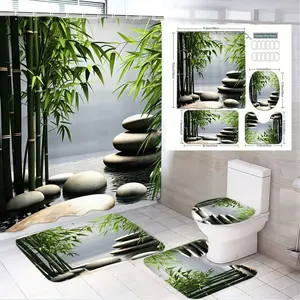 4pcs Spa Serenity 5-Piece Bath Decor Set - Zen Garden Shower Curtain, Bamboo & River Rocks Design, Soft Grey Background, Includes Toilet Seat & Lid Covers, Plush Bath Mats - Perfect for Relaxing Spa-Themed Bathrooms
