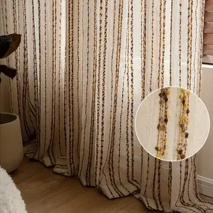 1pc American Country Style Textured Stripe Curtains, Soft Linen Texture, Gentle Light Transmission, Perfect for Farmhouse Kitchen Windows