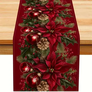 1pc Christmas Table Runner Red Poinsettia Holly Berry Design with Golden Accents Durable Polyester Fabric Perfect for Indoor Outdoor Holiday Decorations Christmas Table Decorations Best for Christmas