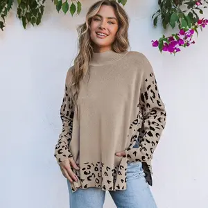 Khaki leopard print high neck side seam oversized sweater