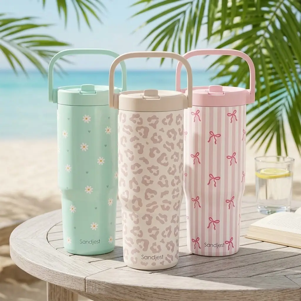 SANDJEST 30oz Flip Up Straw Tumbler, Twist On Lid and Easy Carry Handle, Leak Proof Insulasted Stainless Steel Travel Water Bottle, Cupholder-Friendly, Perfect for Sport Gym Outside Use, Gift for Her Women Birthdays