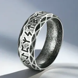 Laser Cut Rune Ring - Geometric Hexagon Shaped Design with Personality Floral Texture, Men's Retro Fashion Accessory
