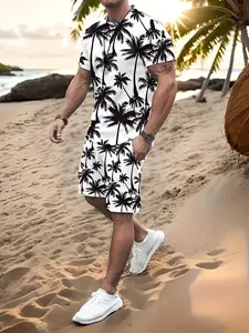 Men's Tropical Palm Tree Print Swim Set 2-Piece, Short Sleeve T-Shirt & Pocket Shorts, Casual All-Season Wear