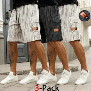 3-pack men’s breathable cargo shorts, Bop Shorts, corduroy striped cargo shorts with drawstring waist and multiple pockets, street-style casual shorts for everyday outdoor wear; suitable for various venues; available in sizes XS–3XL; accommodates all body