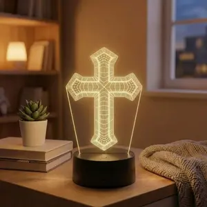 Cross 3D Acrylic Night Light, 6-Color LED Touch Sensor, Battery/USB Powered, Bedroom Living Room Decor Lamp