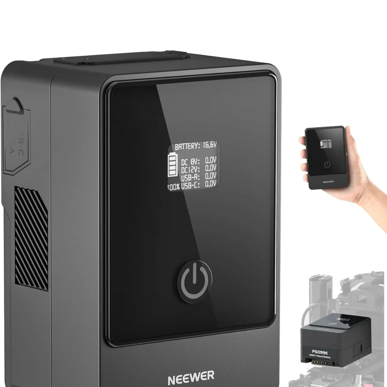 NEEWER Mini V Mount Battery 6800mAh 99Wh 14.5V, Mini V Lock Battery with 65W PD Type C/D Tap/BP/USB A/Dual DC Port/OLED Display for Video Camera Camcorder Compatible with SmallRig BMPCC 4k 6k, PS099E