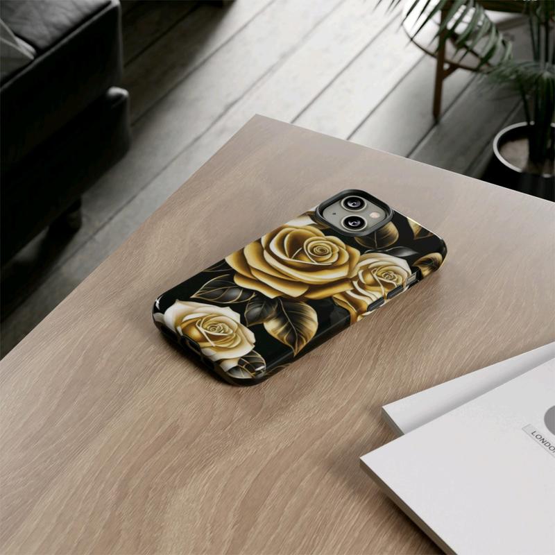 Elegant Black and Gold Roses Phone Case - Stylish Protection for Samsung Galaxy, iPhone, Google Pixel phones, Cellphone Accessories, Wireless Cover, Handheld Protective, iPhone Case, Samsung Galaxy Case, Google Pixel Case Shell Golden Shockproof Casing