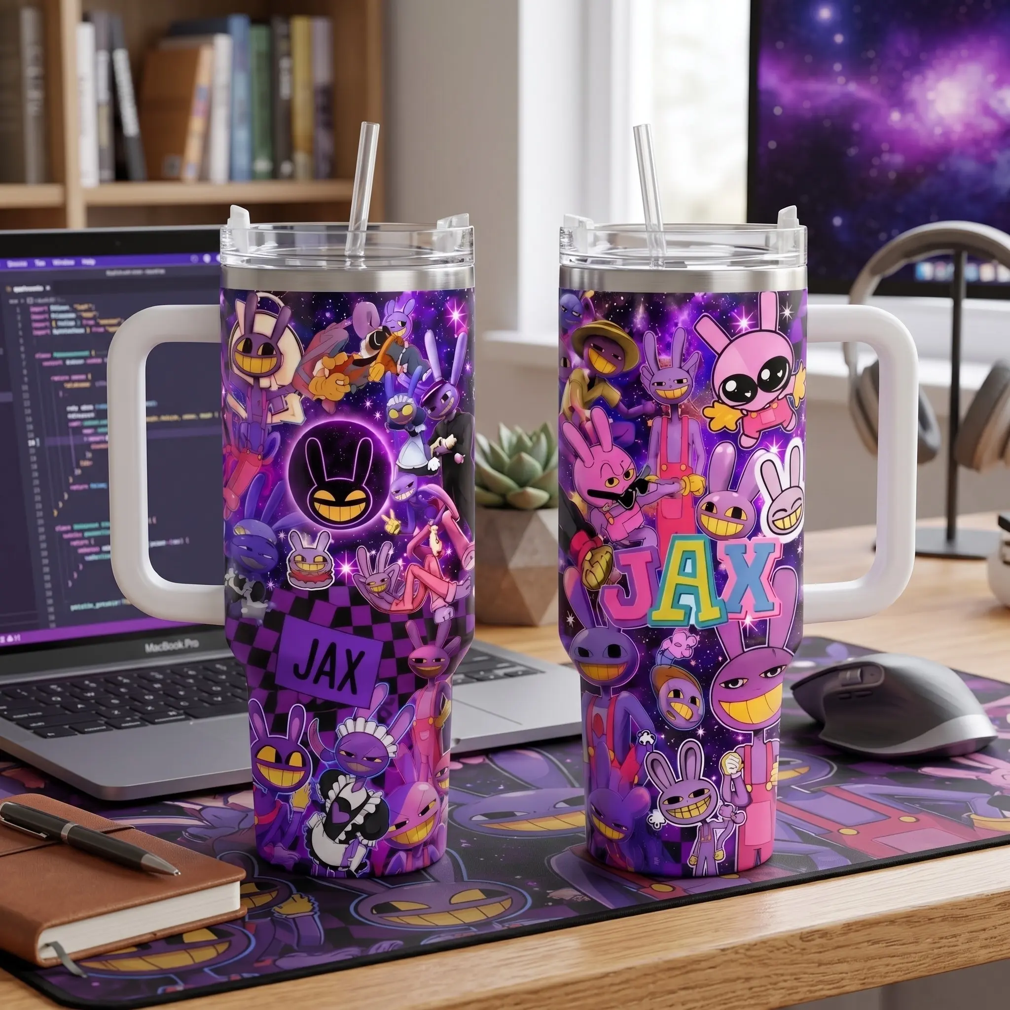 Jax Amazing Digital Circus Tumbler 40/30/20oz, Purple Bunny Cartoon Travel Mug with Handle, Stainless Steel Insulated Cup, Gift for Fans
