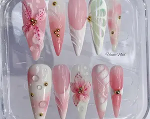 White Polka Dot Press On Nails with 3D Pink Flower | Long Stiletto Handmade Nails | Elegant Black and White Nail Set | Cute Floral Press Ons