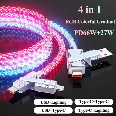 HIPESEN 4-in-1 100W Fast Cell Phone Charger (EU Plug) with Colorful Braided Lightning Cable, USB-A, Type-C Ports, Durable for Multi-Device Users, Compatible with iPhone 8-17, Samsung Laptops, Phone Accessories, Multiple Device Charging Chargers
