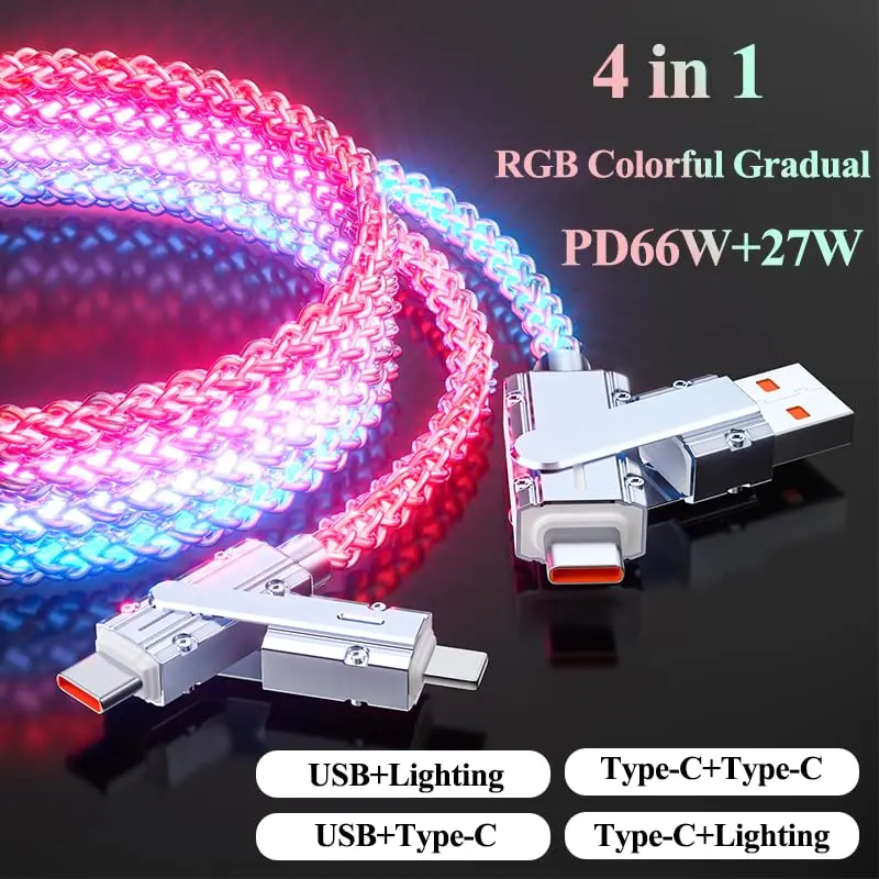 HIPESEN 4-in-1 100W Fast Cell Phone Charger (EU Plug) with Colorful Braided Lightning Cable, USB-A, Type-C Ports, Durable for Multi-Device Users, Compatible with iPhone 8-17, Samsung Laptops, Phone Accessories, Multiple Device Charging Chargers