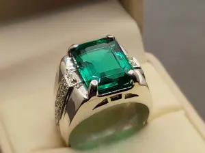 Emerald Cut Rich Green Created Emerald Mens Channel Set Ring Sterling Silver 925 Handmade Zamurd Mens Elegant Ring