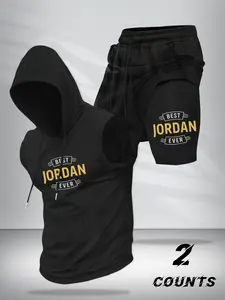 Men's Best Jordan Ever Gym Two-Piece Set, Sleeveless Hooded Tank Top & Double Layer Shorts, Casual Street Style, Athleisure Street Fit, Elastic Comfort Fabric, Gym Sets
