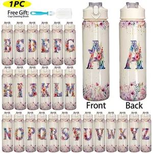 750ML Sport Water Bottle, Letter Floral Design Plastic Cup, Durable Reusable Student Cup, Straw & Handle, Perfect Gift for Family Friends