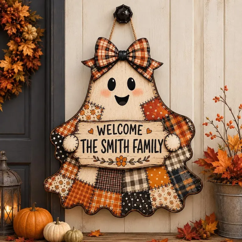 Personalized Wooden Halloween Ghost Door Sign, Custom Family Name Welcome Sign, Patchwork Ghost Wall Hanging, Halloween Housewarming Gift