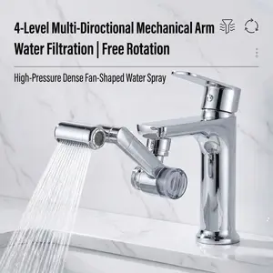 1080°Swivel Faucet Extender, Sink Water Faucet Aerator Extension in Brass, Swivel Robotic Arm Bathroom Faucet Extender, Kitchen Rotating Extension Filter with 4 Mode Splash