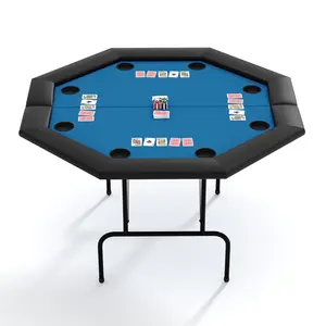 Foldable Octagon Poker Table for 8 Players, Portable Casino Leisure Game Table with Sturdy Metal Legs, Padded Rails & Plastic Cup Holders – Ideal for Texas Hold'Em, Blackjack, Home Game Nights, Blue