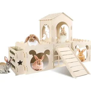 Extra Large Wooden Rabbit Castle Detachable Bunny House with Hay Feeder & Ramp Indoor Hideaway Habitat for Small Animals
