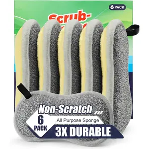 Dual Sided Multi-Purpose Sponges Kitchen,Non Scratch Dish Sponge for Washing Dishes Cleaning Kitchen,Rough Scrubbers for Non-Stick Cookware, Soft Microfiber Scrub for Dishes(Yellow,6Pack)