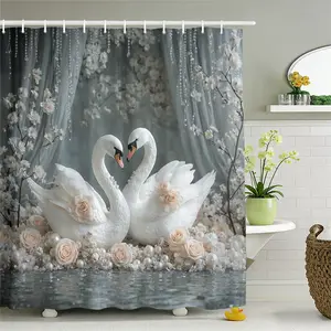 Swan Rose Bathroom Curtain, Embrace Pattern Shower Curtain, Fresh Natural Style Privacy Screen, Home Bath Decor, Includes Hooks