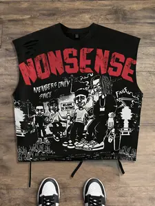 Nonsense slogan vest men's rapper black man locs unisex cartoon character print ripped sleeveless vest American retro streetwear brand men's clothing, Menswear, 2026 summer new style vest Y2K style