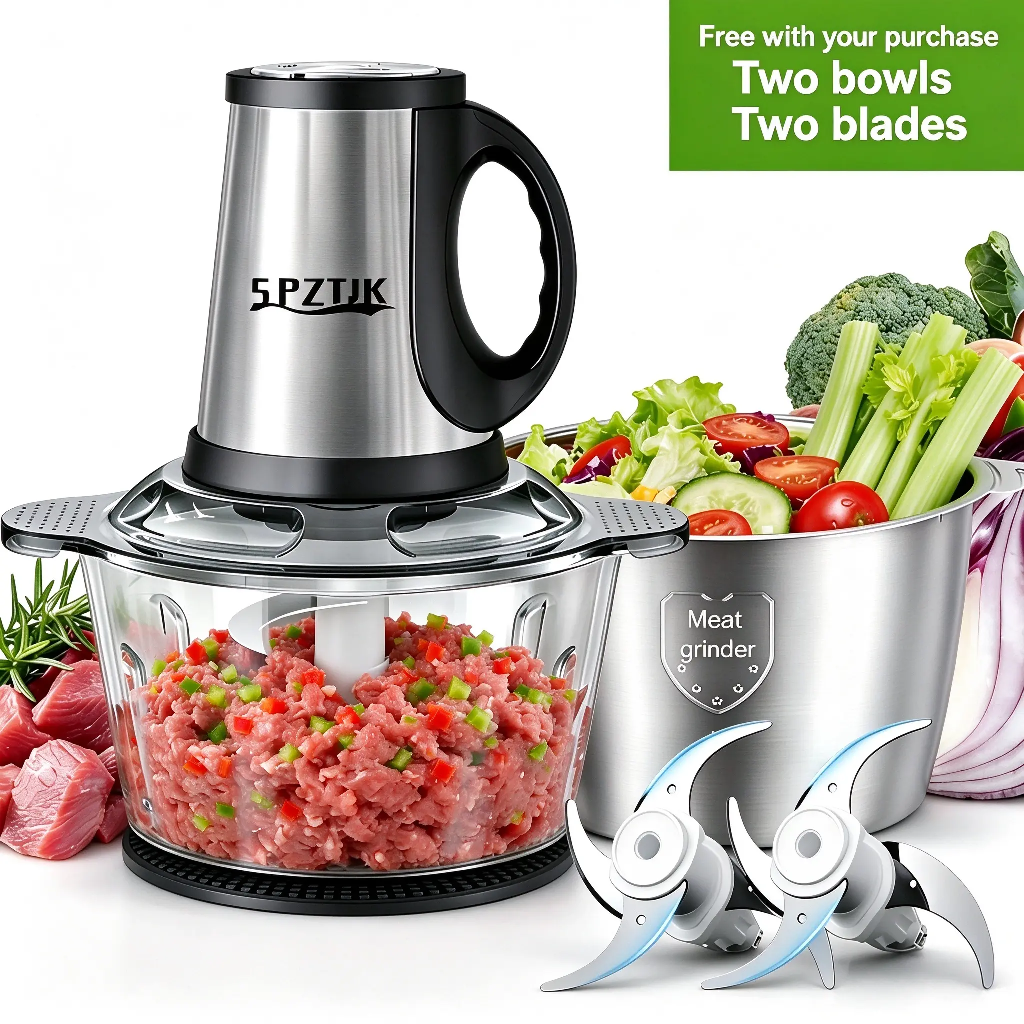 SPZTJK Electric Meat Grinder, 400W Food Chopper with 2 Bowls & 2 Stainless Steel Blades, 2 Speeds, Safety Lock, Dishwasher Safe, for Meat, Onion, Veggies, Baby Food