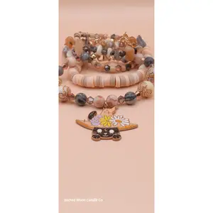 Sacred Moon Candle Co. Cute Witchy Cat Charm Bracelet Stack with Peach Hue Beads & Black Cat Pendant Handcrafted Artisanal Jewelry