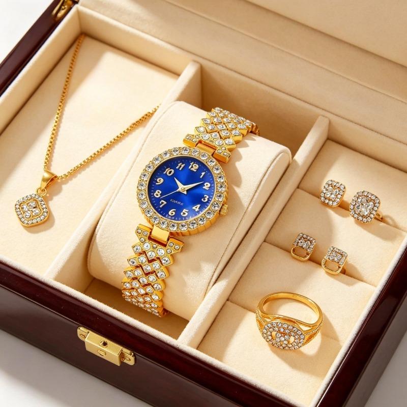 Blue Dial Crystal Watch & Jewelry Set | Full Bling 5-Piece Gold-Tone Stack