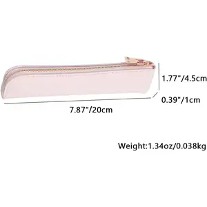 Cute Thin Slim Faux Leather Pencil Case Simple Stylish Lightweight Pouch (Pink)