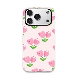 Pink tulip smiley face pattern phone case, double-layer protective shell, durable, shockproof, Shockproof Protector for iPhone 11, 12, 13, 14, 15 Pro Max, and Pro Plus series
