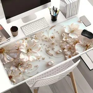 Pearl Flower Mouse Pads Extra Large Computer Desk Top Mat, Desktop Accessory, Non - Slip Rubber Base & Stitched Edge, Luxurious Floral Design for Home and Office
