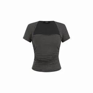 Cider Striped Square Neck Ruched Short Sleeve Top