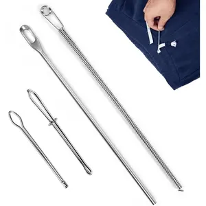 4Pcs Drawstring Threader Tool Stainless Steel Threading Tool Kit with Spring-Loaded Tweezers & Safety Pins for Hoodies Shoes Pants Easily Replace Lost Drawstrings Elastic Cords