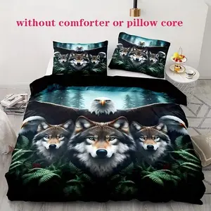 Wolf Pattern Print Bedding Set, Soft Comfortable, Ideal Bedroom Decoration, Easy Care Fabric, 3 Piece Set