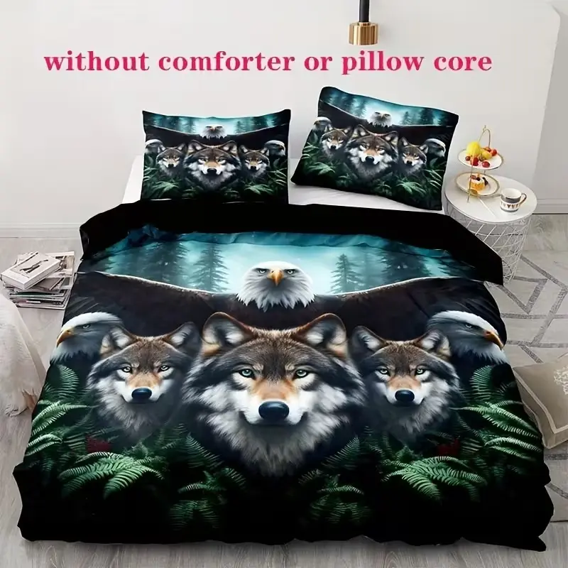 Wolf Pattern Print Bedding Set, Soft Comfortable, Ideal Bedroom Decoration, Easy Care Fabric, 3 Piece Set